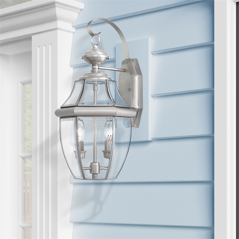 Livex Lighting Monterey 2-Light Brass Outdoor Wall Lantern in Brushed Nickel