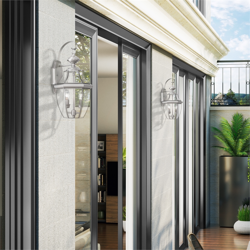 Livex Lighting Monterey 2-Light Brass Outdoor Wall Lantern in Brushed Nickel