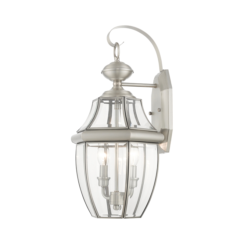 Livex Lighting Monterey 2-Light Brass Outdoor Wall Lantern in Brushed Nickel