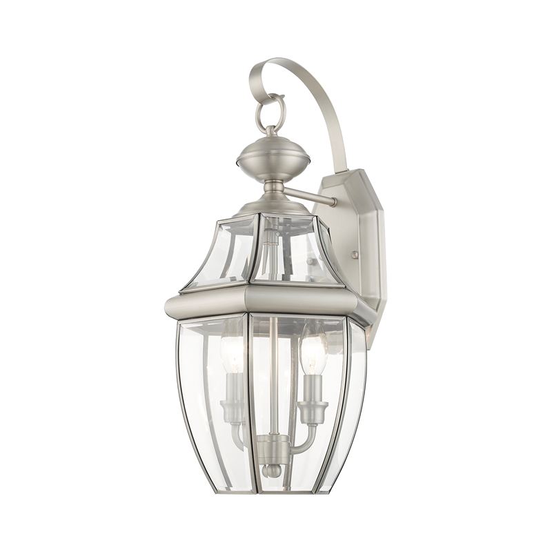 Livex Lighting Monterey 2-Light Brass Outdoor Wall Lantern in Brushed Nickel