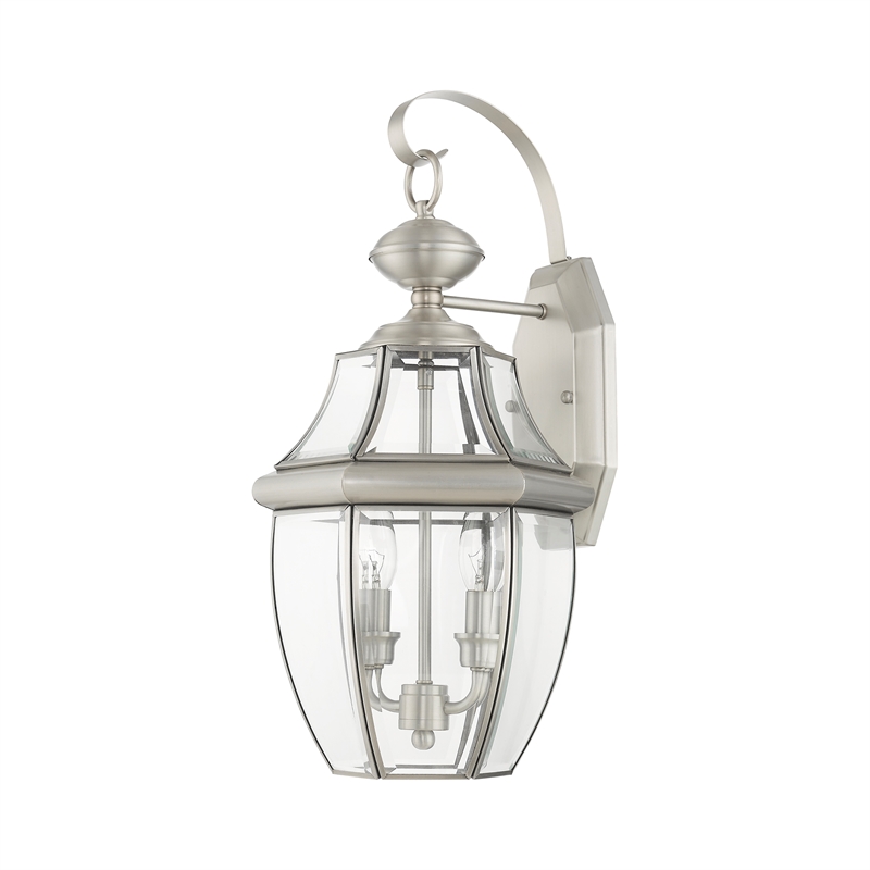 Livex Lighting Monterey 2-Light Brass Outdoor Wall Lantern in Brushed Nickel