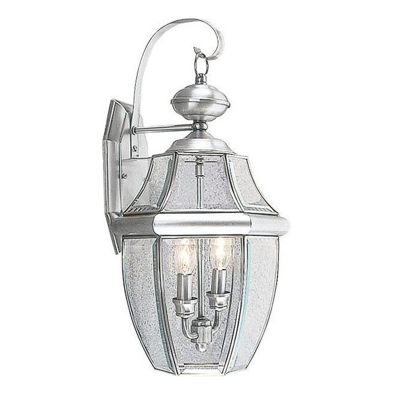 Livex Lighting Monterey 2-Light Brass Outdoor Wall Lantern in Brushed Nickel