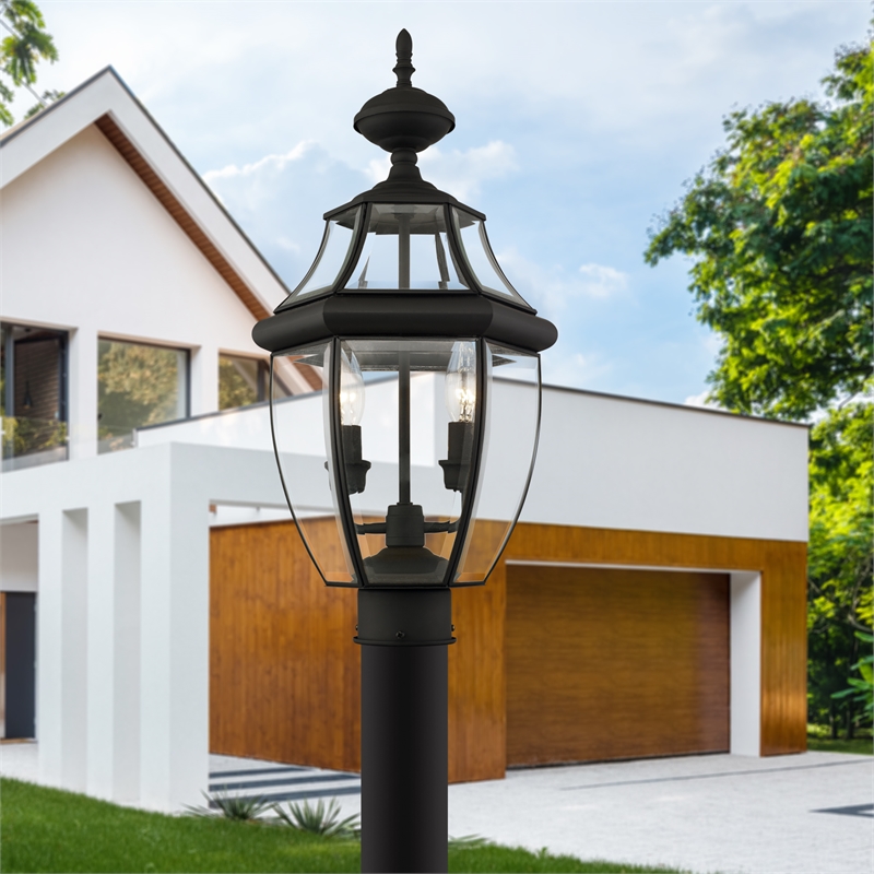 Livex Lighting Monterey 2-Light Brass/Glass Outdoor Post Top Lantern in Black