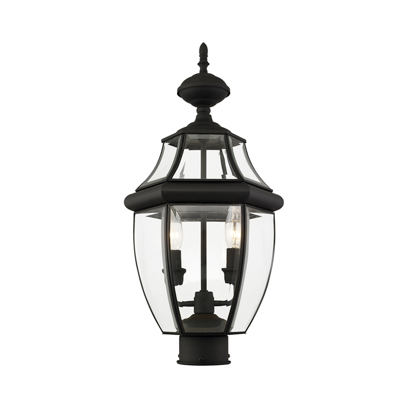 Livex Lighting Monterey 2-Light Brass/Glass Outdoor Post Top Lantern in Black