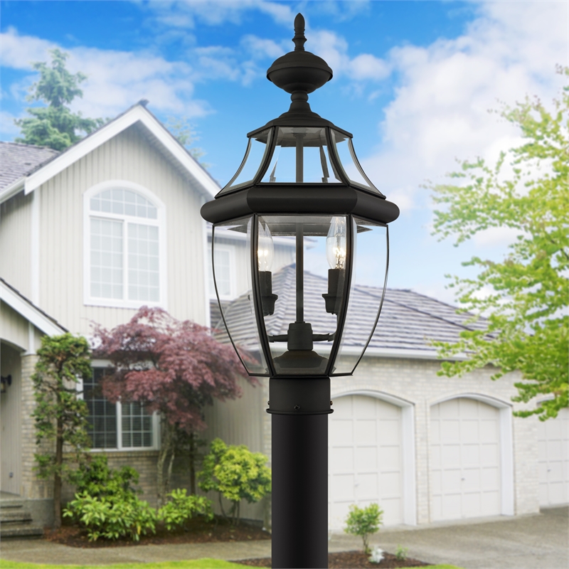 Livex Lighting Monterey 2-Light Brass/Glass Outdoor Post Top Lantern in Black