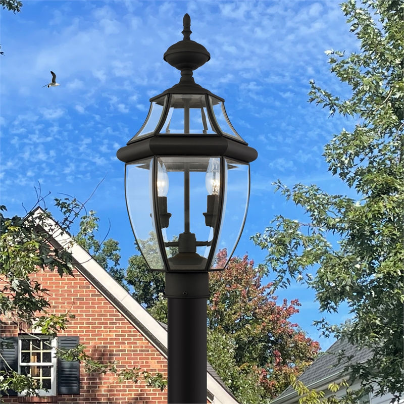 Livex Lighting Monterey 2-Light Brass/Glass Outdoor Post Top Lantern in Black