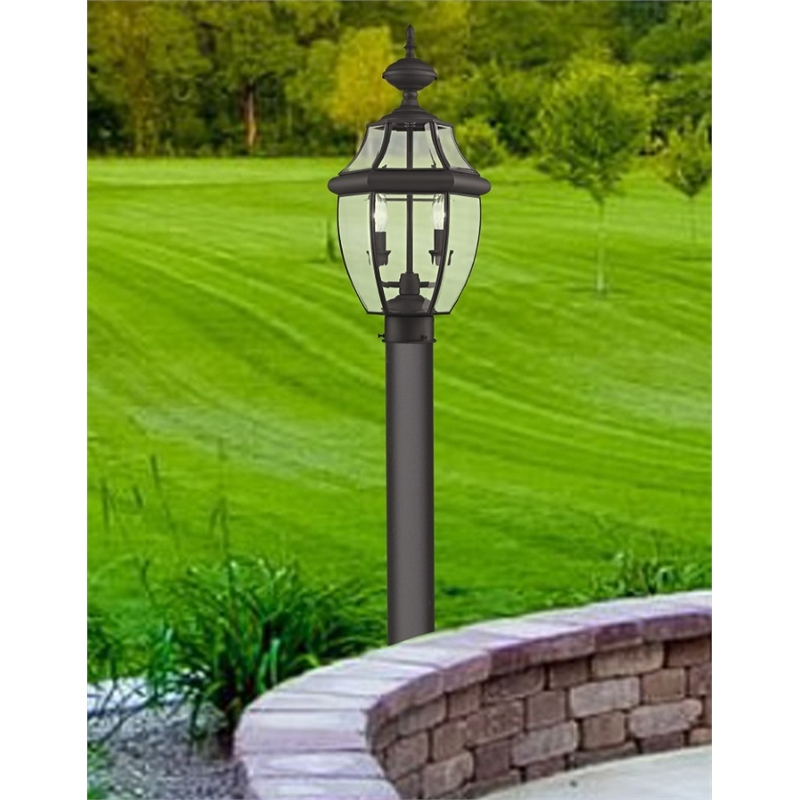 Livex Lighting Monterey 2-Light Brass/Glass Outdoor Post Top Lantern in Bronze