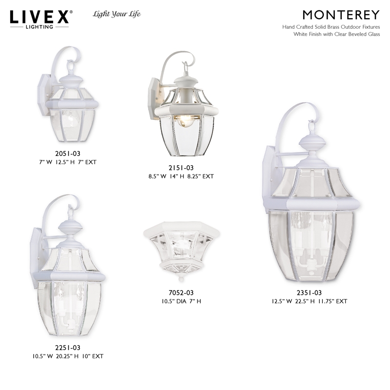 Livex Lighting Monterey 2-Light Brass Outdoor Wall Lantern in White