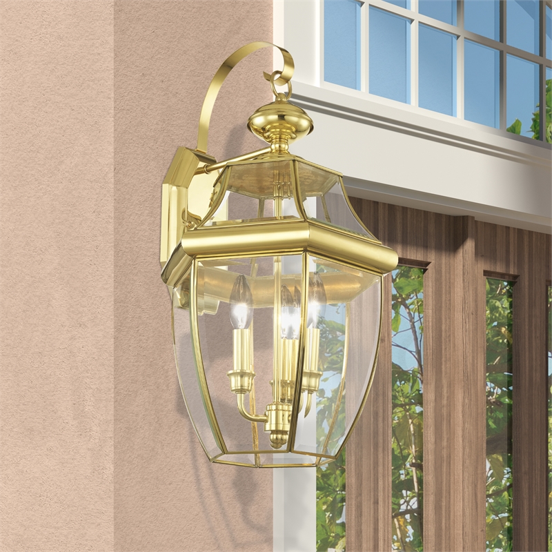 Livex Lighting Monterey 3-Light Brass Outdoor Wall Lantern in Polished Brass