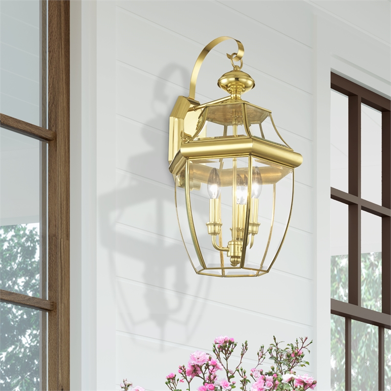 Livex Lighting Monterey 3-Light Brass Outdoor Wall Lantern in Polished Brass