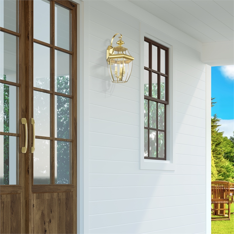 Livex Lighting Monterey 3-Light Brass Outdoor Wall Lantern in Polished Brass