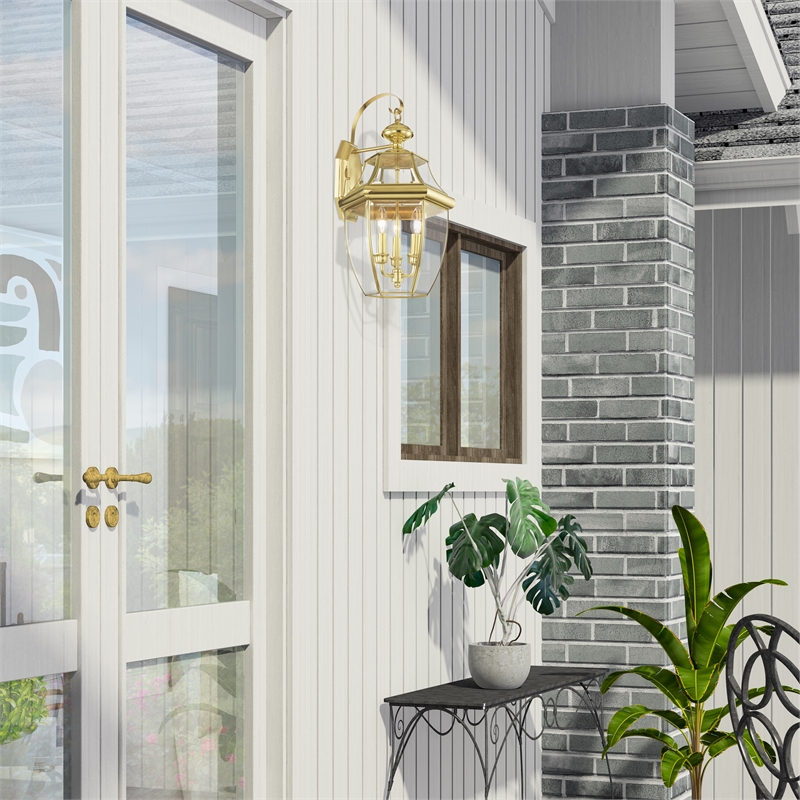 Livex Lighting Monterey 3-Light Brass Outdoor Wall Lantern in Polished Brass