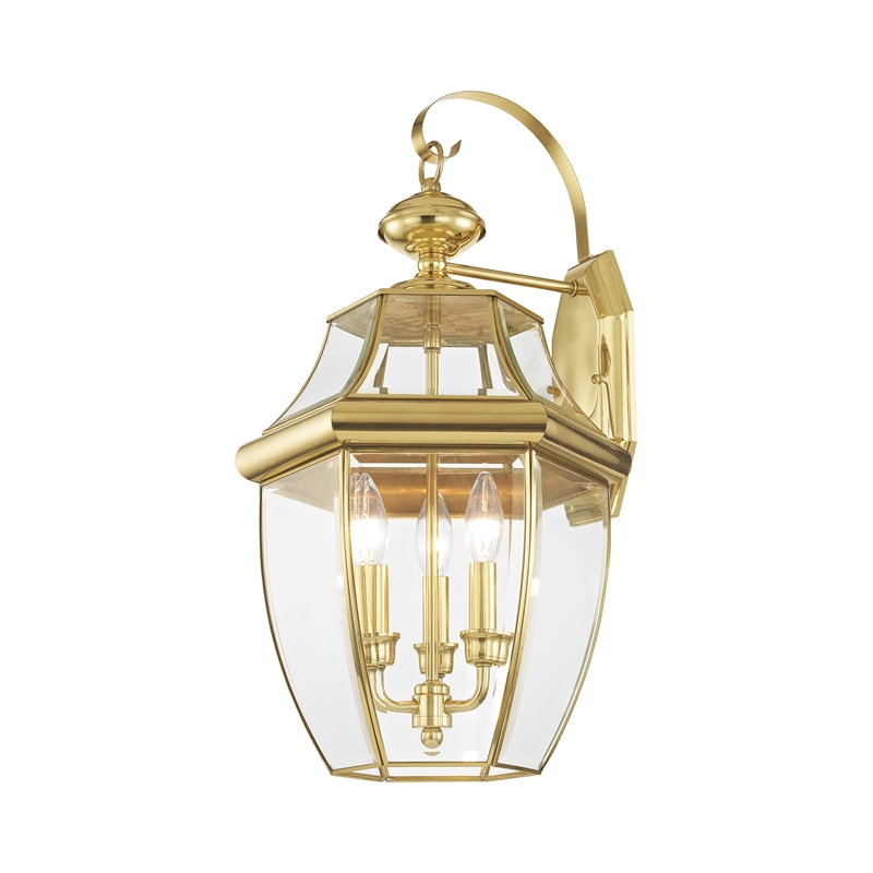 Livex Lighting Monterey 3-Light Brass Outdoor Wall Lantern in Polished Brass