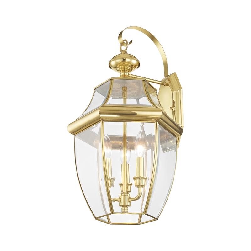 Livex Lighting Monterey 3-Light Brass Outdoor Wall Lantern in Polished Brass