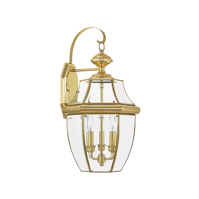 Livex Lighting Monterey 3-Light Brass Outdoor Wall Lantern in Polished Brass
