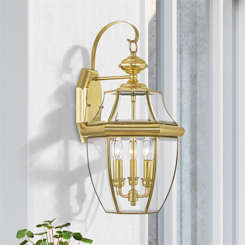 Livex Lighting Monterey 3-Light Brass Outdoor Wall Lantern in Polished Brass