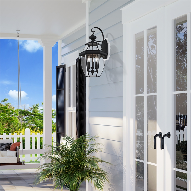 Livex Lighting Monterey 3-Light Brass Outdoor Wall Lantern in Black