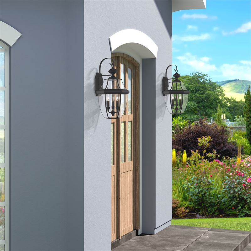 Livex Lighting Monterey 3-Light Brass Outdoor Wall Lantern in Black