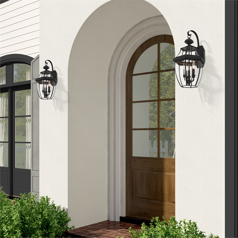 Livex Lighting Monterey 3-Light Brass Outdoor Wall Lantern in Black
