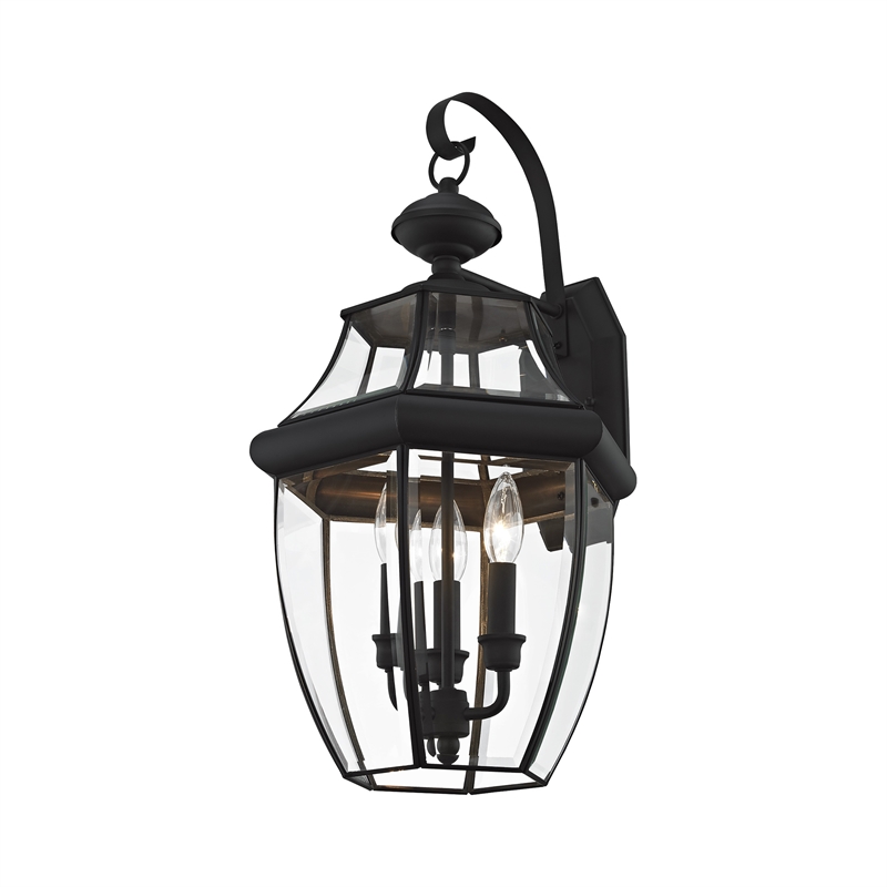 Livex Lighting Monterey 3-Light Brass Outdoor Wall Lantern in Black
