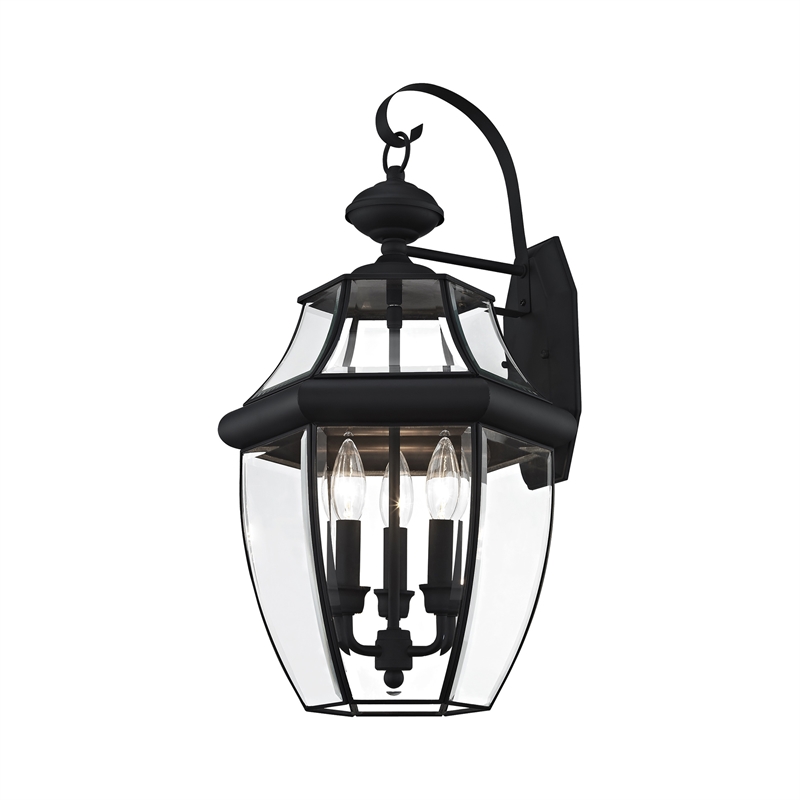 Livex Lighting Monterey 3-Light Brass Outdoor Wall Lantern in Black
