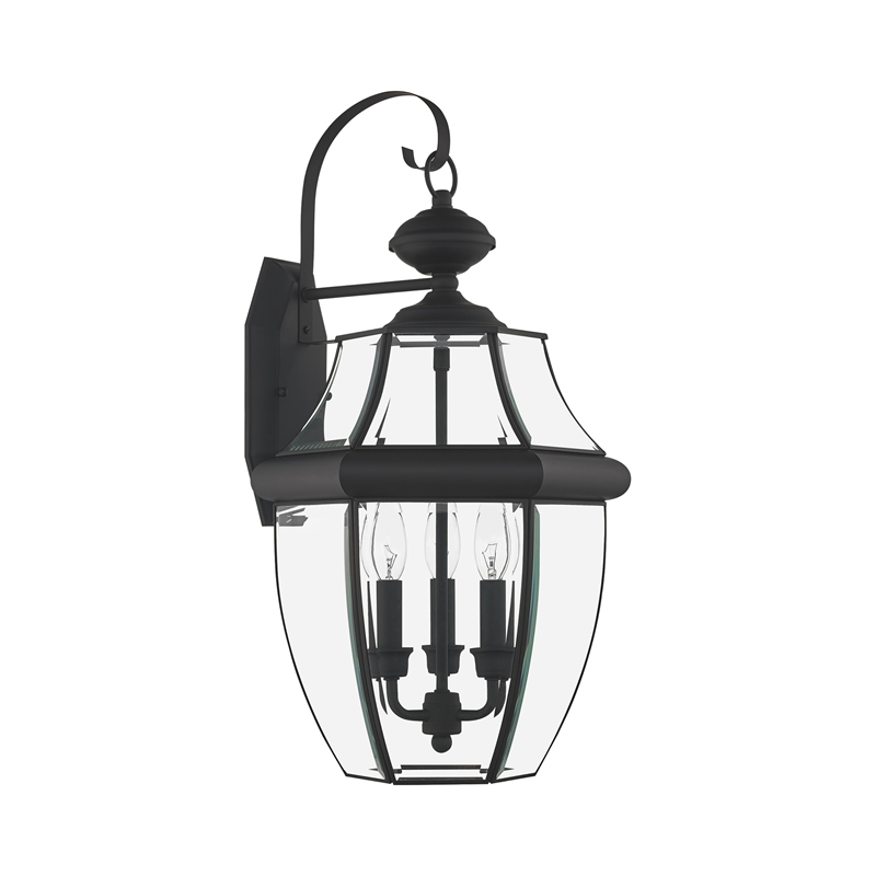 Livex Lighting Monterey 3-Light Brass Outdoor Wall Lantern in Black