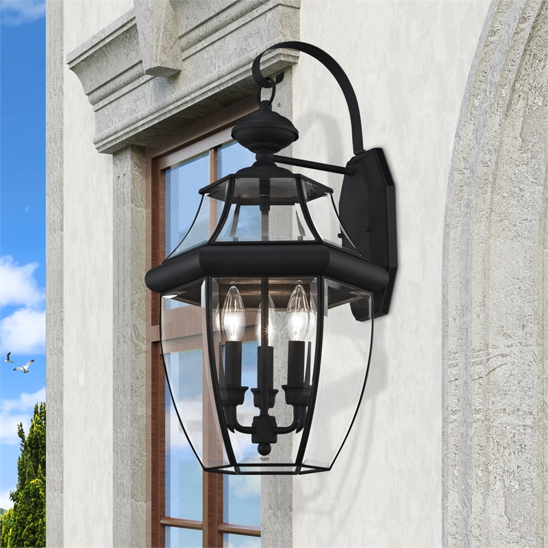 Livex Lighting Monterey 3-Light Brass Outdoor Wall Lantern in Black