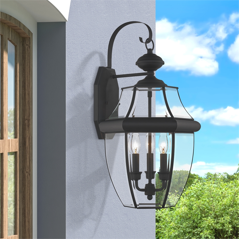 Livex Lighting Monterey 3-Light Brass Outdoor Wall Lantern in Black