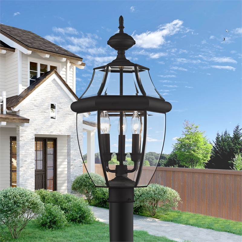Livex Lighting Monterey 3-Light Brass & Glass Outdoor Post Top Lantern in Black