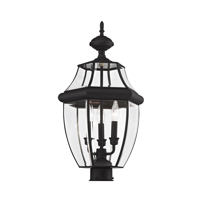 Livex Lighting Monterey 3-Light Brass & Glass Outdoor Post Top Lantern in Black