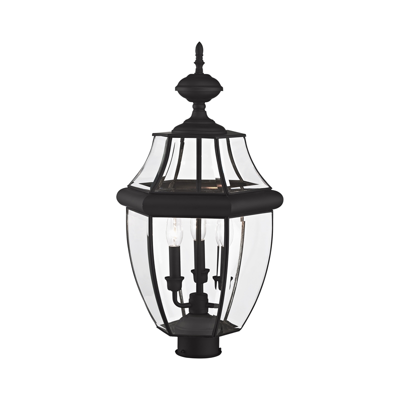 Livex Lighting Monterey 3-Light Brass & Glass Outdoor Post Top Lantern in Black