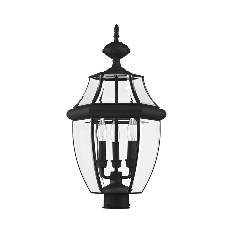 Livex Lighting Monterey 3-Light Brass & Glass Outdoor Post Top Lantern in Black