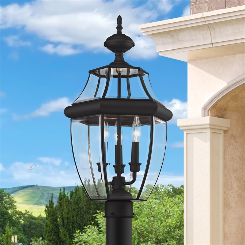 Livex Lighting Monterey 3-Light Brass & Glass Outdoor Post Top Lantern in Black
