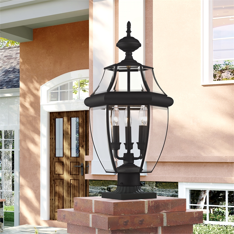 Livex Lighting Monterey 3-Light Brass & Glass Outdoor Post Top Lantern in Black