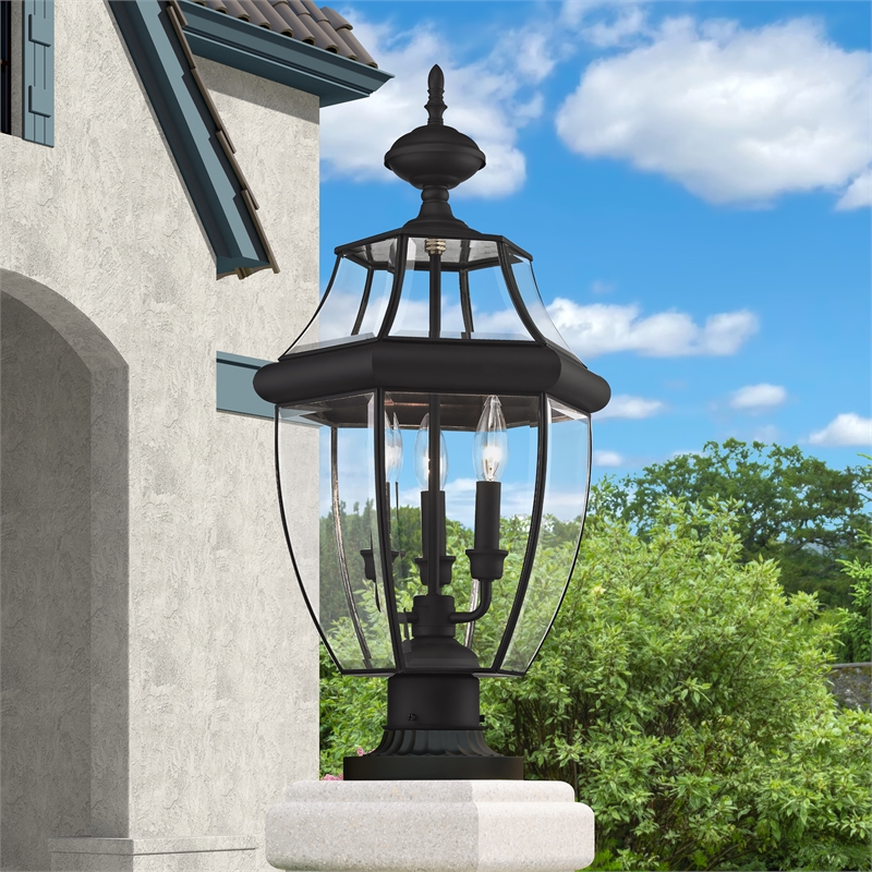 Livex Lighting Monterey 3-Light Brass & Glass Outdoor Post Top Lantern in Black