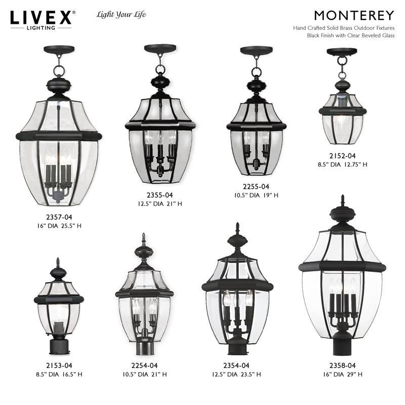 Livex Lighting Monterey 3-Light Brass & Glass Outdoor Post Top Lantern in Black