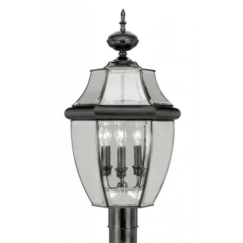 Livex Lighting Monterey 3-Light Brass & Glass Outdoor Post Top Lantern in Black