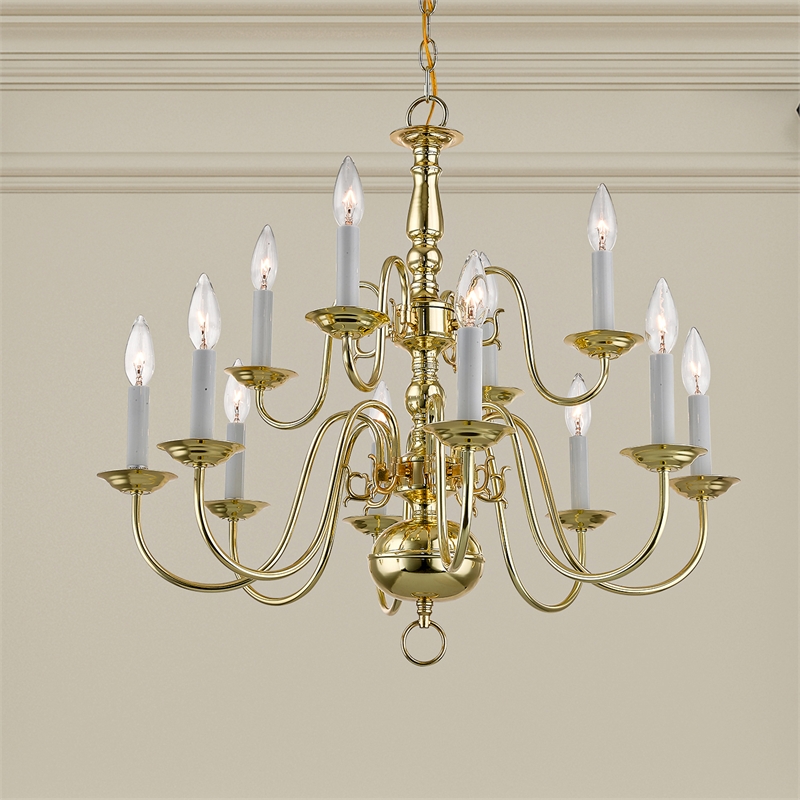 Livex Lighting Williamsburgh 12-Light Metal Chandelier in Polished Brass