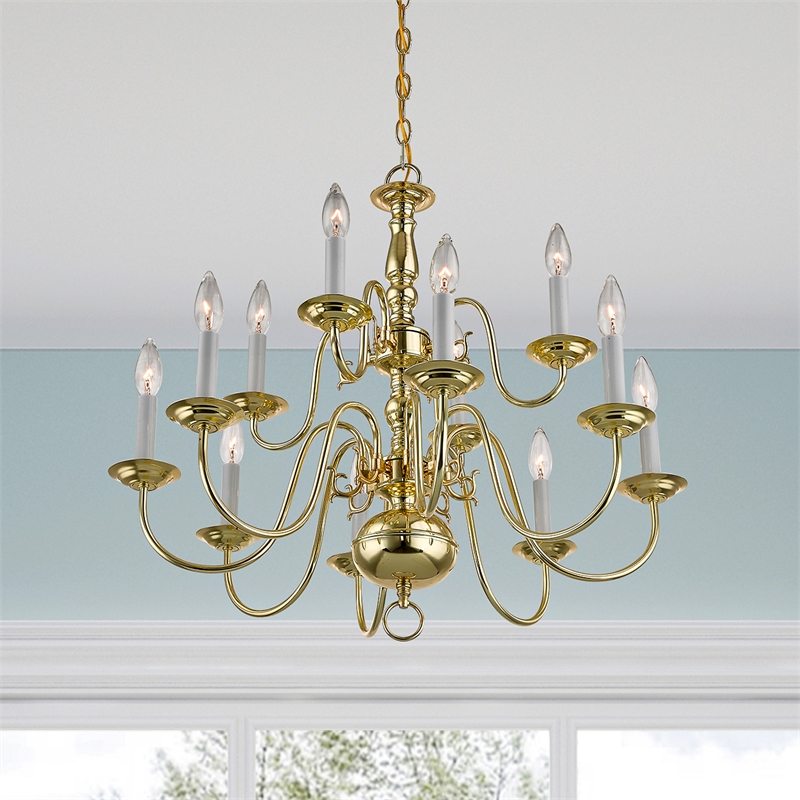 Livex Lighting Williamsburgh 12-Light Metal Chandelier in Polished Brass