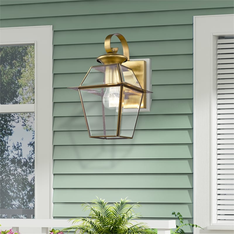Livex Lighting Westover 1-Light Brass Outdoor Wall Lantern in Antique Brass