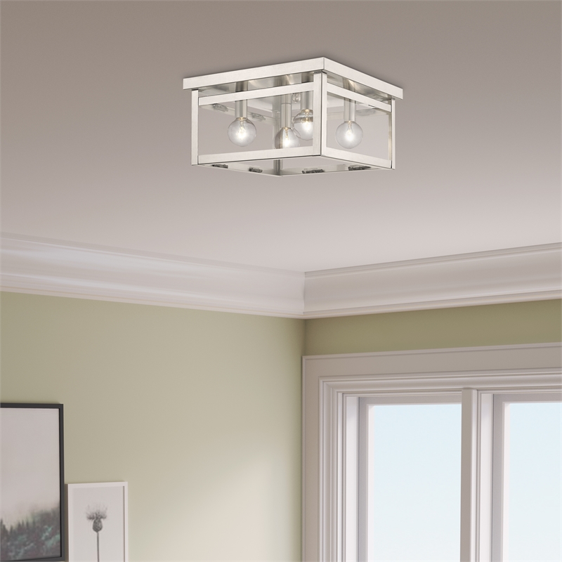 Livex Lighting Milford 4-Light Metal & Glass Ceiling Mount in Brushed Nickel