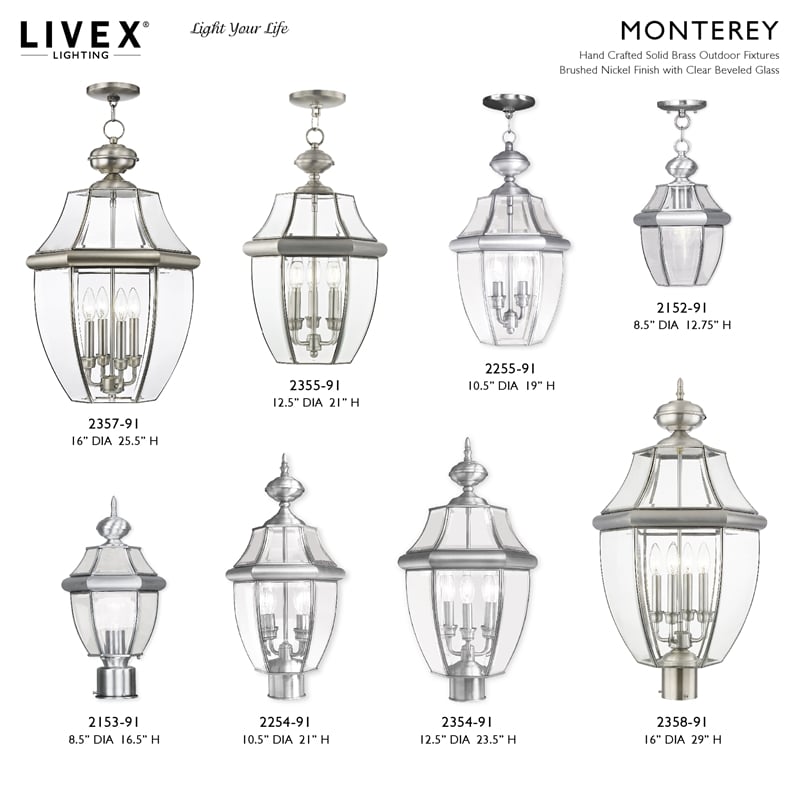 Livex Lighting Monterey 1-Light Brass & Glass Outdoor Lantern in Brushed Nickel