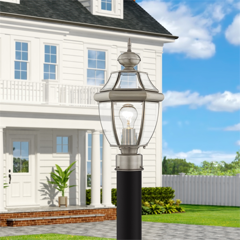 Livex Lighting Monterey 1-Light Brass Outdoor Post Top Lantern in Brushed Nickel