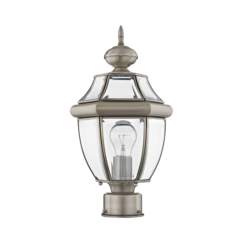 Livex Lighting Monterey 1-Light Brass Outdoor Post Top Lantern in Brushed Nickel