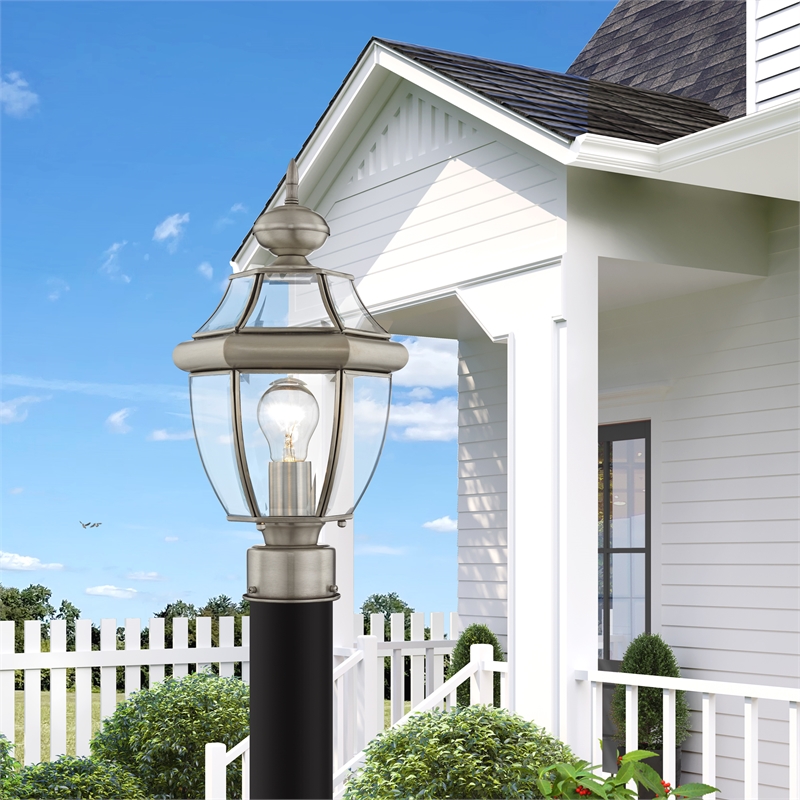 Livex Lighting Monterey 1-Light Brass Outdoor Post Top Lantern in Brushed Nickel
