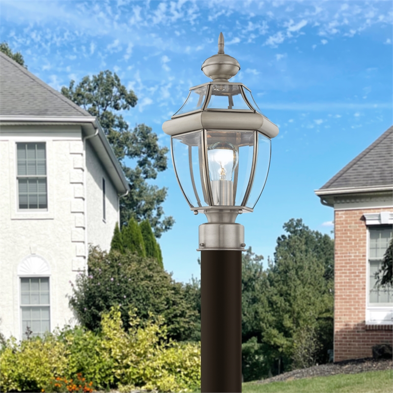 Livex Lighting Monterey 1-Light Brass Outdoor Post Top Lantern in Brushed Nickel