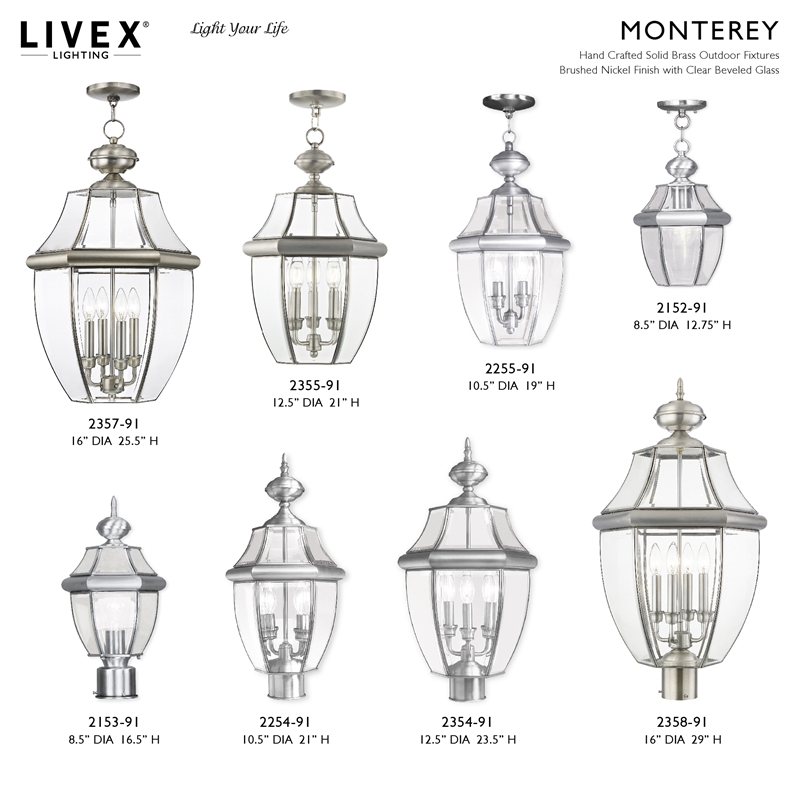 Livex Lighting Monterey 1-Light Brass Outdoor Post Top Lantern in Brushed Nickel