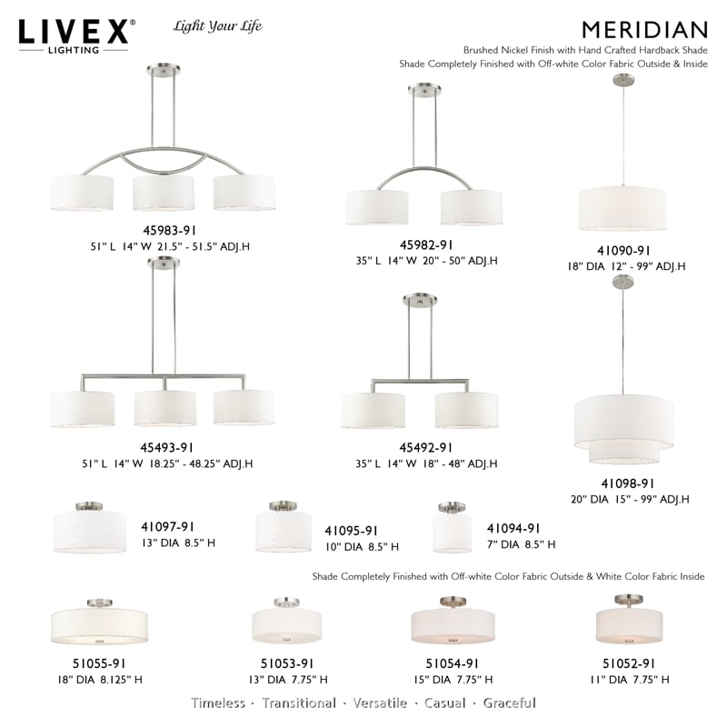 Livex Lighting Meridian 2-Light Metal & Fabric Ceiling Mount in Brushed Nickel