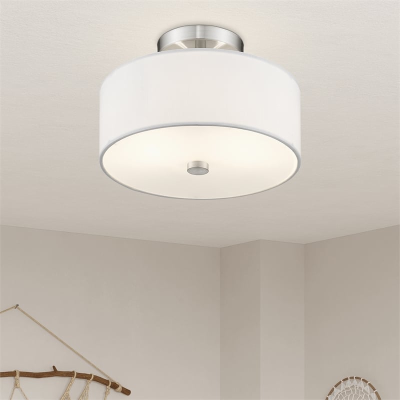 Livex Lighting Meridian 2-Light Metal & Fabric Ceiling Mount in Brushed Nickel