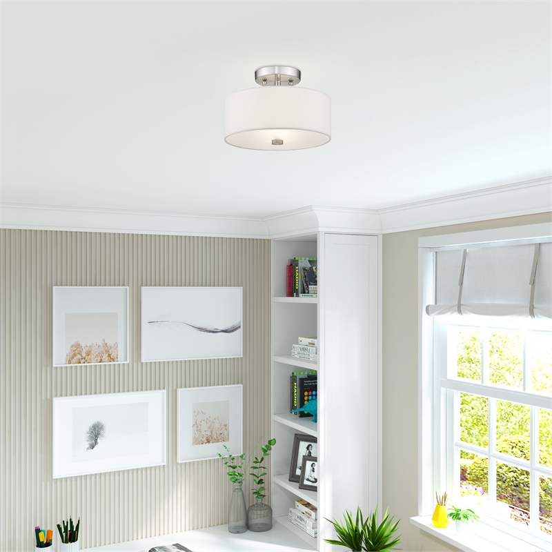 Livex Lighting Meridian 2-Light Metal & Fabric Ceiling Mount in Brushed Nickel
